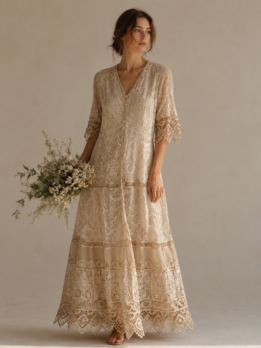 REBA Boho Cream Lace Crochet Maxi Dress Sz M Western Prairie Coquette Wedding
